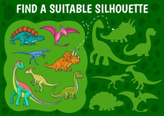 Cartoon dinosaurs, find dino silhouette kids game