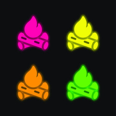 Bonfire four color glowing neon vector icon