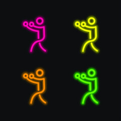 Boxing Stick Man four color glowing neon vector icon