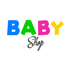 Tienda de moda infantil. Logotipo con texto Baby Shop con letras de colores y caligrafía en color negro