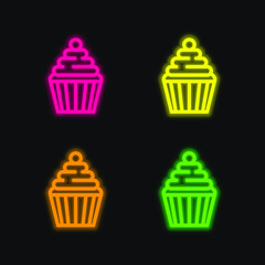 Big Cupcake With Cherry four color glowing neon vector icon