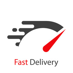 Logo de entrega urgente. Icono de velocímetro con líneas de velocidad y texto Fast Delivery para servicio, pedido, envío rápido y gratuito