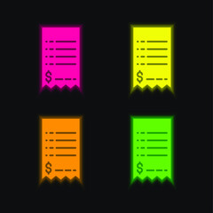 Naklejka premium Bill four color glowing neon vector icon