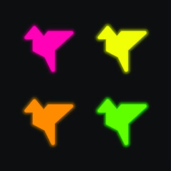 Bird Shape Origami four color glowing neon vector icon