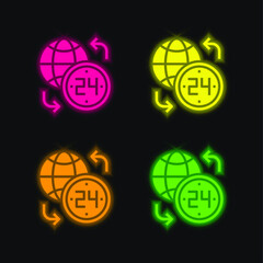 24 Hours four color glowing neon vector icon