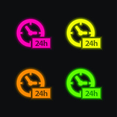 24 Hours Clock Symbol four color glowing neon vector icon