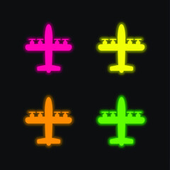 Airplane With Four Propellers four color glowing neon vector icon