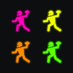 American Football Player Playing Throwing The Ball In His Hand four color glowing neon vector icon