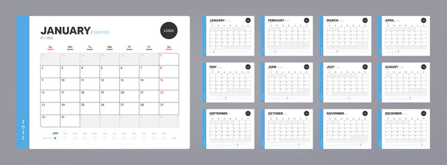 Calendar organizer template for 2022 year. Annual diary planner schedule design. Corporate calendar, business planner. 2022 calendar for events. Holiday diary template. Week starts on Sunday. Vector