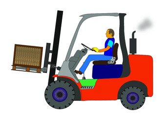 Wózek widłowy z kierowcą, przewożący ładunek w postaci drewnianej skrzyni umieszczonej na palecie. - obrazy, fototapety, plakaty