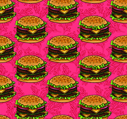 Light vector seamless pattern with cheeseburgers. Background with fast food and herbs. Bread with sesame seeds, meat, cheese, tomatoes, lettuce and cabbage.