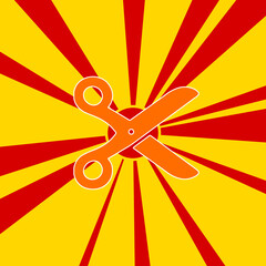Scissors symbol on a background of red flash explosion radial lines. The large orange symbol is located in the center of the sun, symbolizing the sunrise. Vector illustration on yellow background