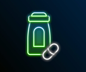 Glowing neon line Sedative pills icon isolated on black background. Colorful outline concept. Vector