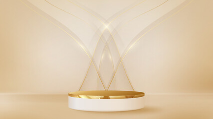 Realistic cream color product podium with golden lines sparkle. Luxury 3d style background concept. Vector illustration for promoting sales and marketing.