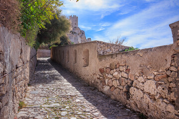 Steep paved pathway to Abbey of Santa Maria a Mare in Tremiti Islands, Apulia (Italy).