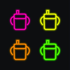 Baby Drinking Bottle Outline With Side Handles four color glowing neon vector icon