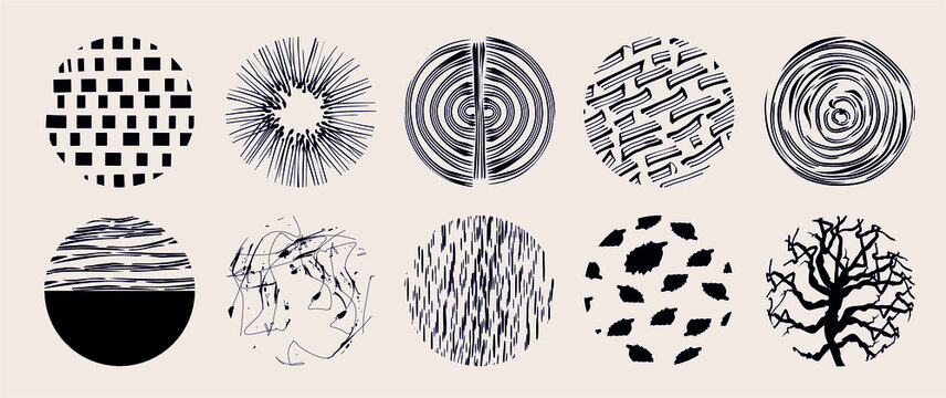 Circle textures with hand drawn textures made with ink pencil brush geometric patterns of spots dots strokes stripes lines