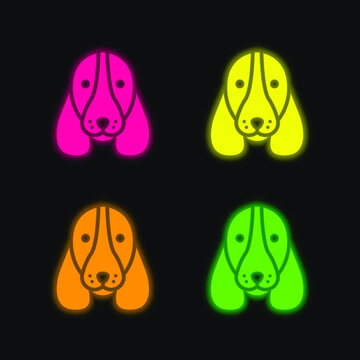 Basset Hound Dog Head four color glowing neon vector icon