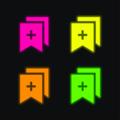 Fototapeta premium Add Bookmarks four color glowing neon vector icon