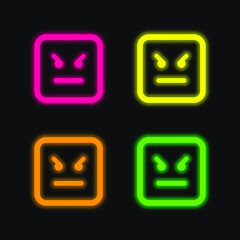 Angry Emoticon Square Face four color glowing neon vector icon