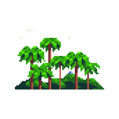 Travel on a paradise island, design template for postcard or invitation, greeting card, banner. Summer time holidays vacation. Palm trees and sun. Pixel art style. Isolated vector illustration. 8-bit.