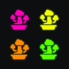 Bonsai four color glowing neon vector icon