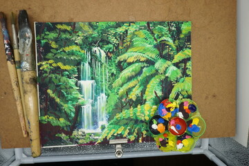 Art Oil painting Fine art color Beautiful waterfalls in Thailand