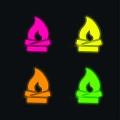 Bonfire four color glowing neon vector icon