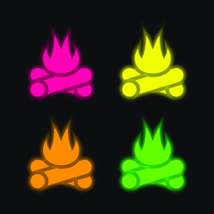 Bonfire four color glowing neon vector icon