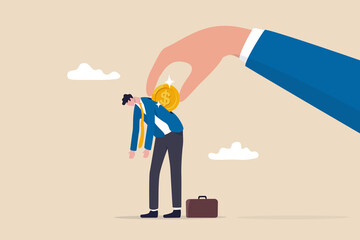 Bonus, benefit or incentive program to motivate exhausted employee, money or salary raising, support or reward for hard work concept, employer hand put coin to motivate businessman office employee.