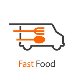 Logo con texto Fast Food con tenedor y cuchara en camión con lineas de velocidad en color gris y naranja