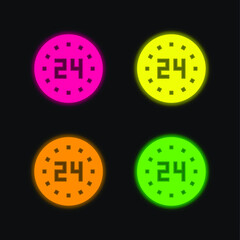 24 Hours four color glowing neon vector icon