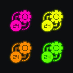 24 Hours four color glowing neon vector icon