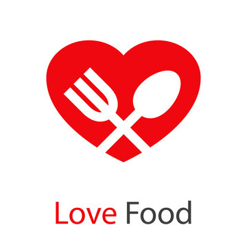 Logo con texto Love Food con corazón con cuchillo y tenedor con forma de aspa en color rojo