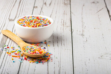 Sugar sprinkle. Colorful confectionery for cake decoration.