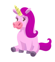 Sitting cute unicorn. Fairytale character in cartoon style.