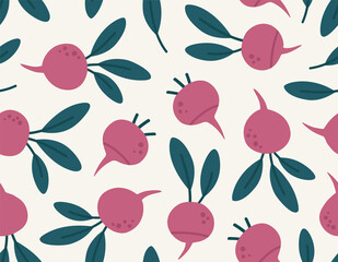 Seamless pattern of radish, with leaves and without, isolated on beige. Hand-drawn vegetables in flat style. Suitable for illustrating healthy eating, recipes, local farm.