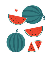 Vector illustration of watermelons and slices of watermelons, on a white background. Hand-drawn berry in flat style. Suitable for illustrating healthy eating, recipes, local farm, summertime.