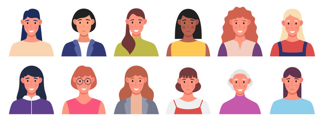 Character avatars set. Women are smiling. Multicultural persons for profile design. Vector illustration.