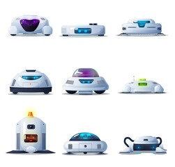 Vacuum cleaner robots, VCR droids set. Vector smart electronic machine for washing or sweeping floor, domestic equipment, wireless cyborgs for housekeeping. Robotic bots for vacuuming isolated objects