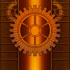 Symmetrical geometric abstraction with a bright energy beam in the middle, with big and small gears, similar to the internal mechanism of an old engine, background with cogwheels, lattice and patterns