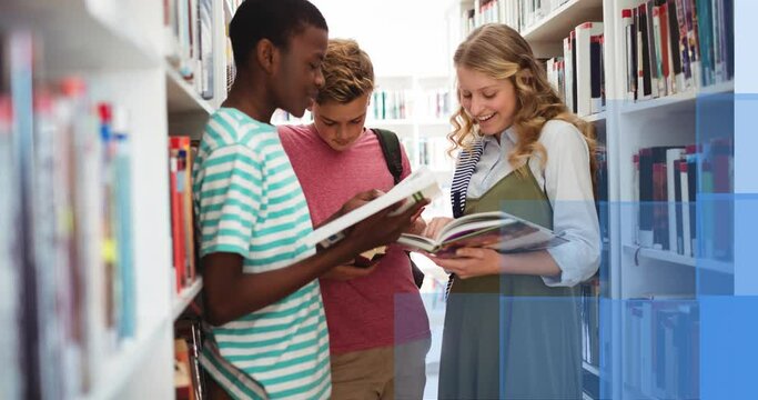 Blue pattern background against group of diverse college students studying at library