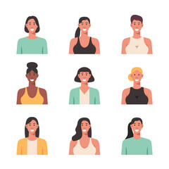 People portraits of young women, female faces avatars isolated icons set, vector design flat style illustration