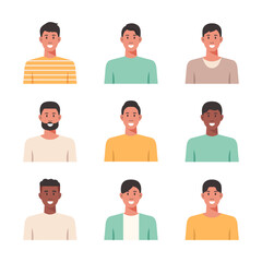 People portraits of young men, male faces avatars isolated icons set, vector design flat style illustration