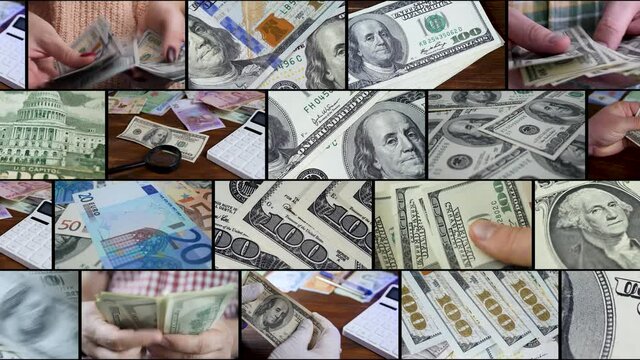 Collection of business or financial in montage. Split screen of american dollars bills or 100 USD denomination note background. Money or cash revenue. Digital media wall