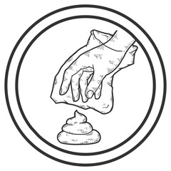 Prohibition sign. Clean up after your dog. Dog owner cleaning the lawn with plastic bag. Sketch scratch board imitation coloring.