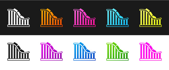 Set Roller coaster icon isolated on black and white background. Amusement park. Childrens entertainment playground, recreation park. Vector