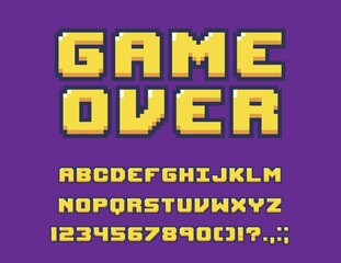 8-bit game font or type with letters, numbers, digits and symbols. Vector alphabet, punctuation marks on violet background. Yellow abc uppercase characters, pixelized signs in retro style isolated set