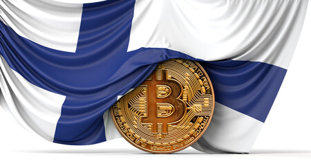 Finland flag draped over a bitcoin cryptocurrency coin. 3D Rendering