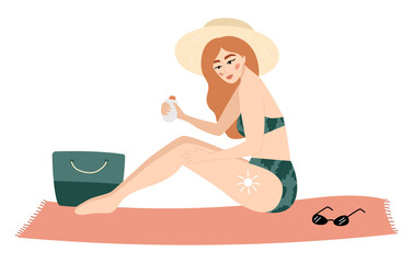 Young woman using sun protection cream. Female character in green trendy swimsuit and sun hat. Redhead girl. Flat style vector illustration. Summer beach skin care.